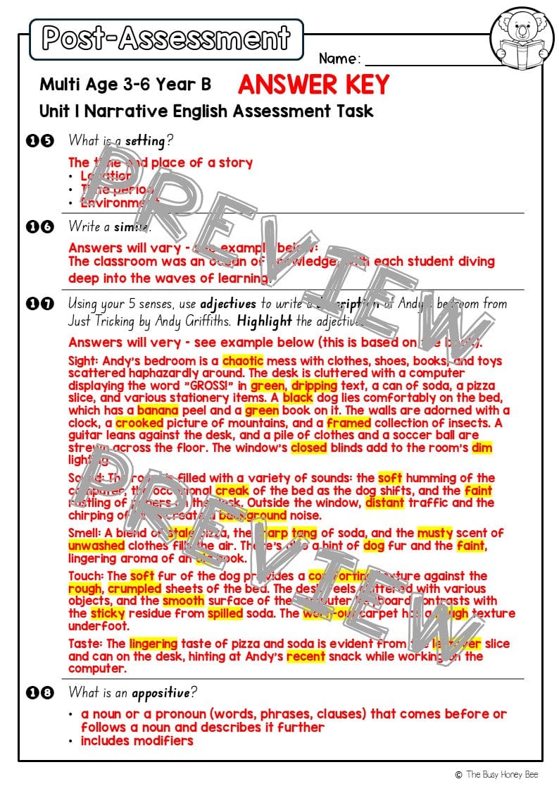 Multi Age 3-6 Year B English Pre- and Post-Assessment Unit 1 Narrative - Assessment
