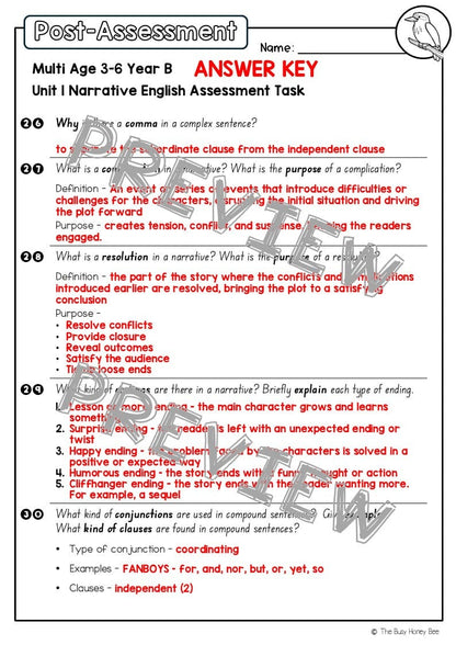 Multi Age 3-6 Year B English Pre- and Post-Assessment Unit 1 Narrative - Assessment