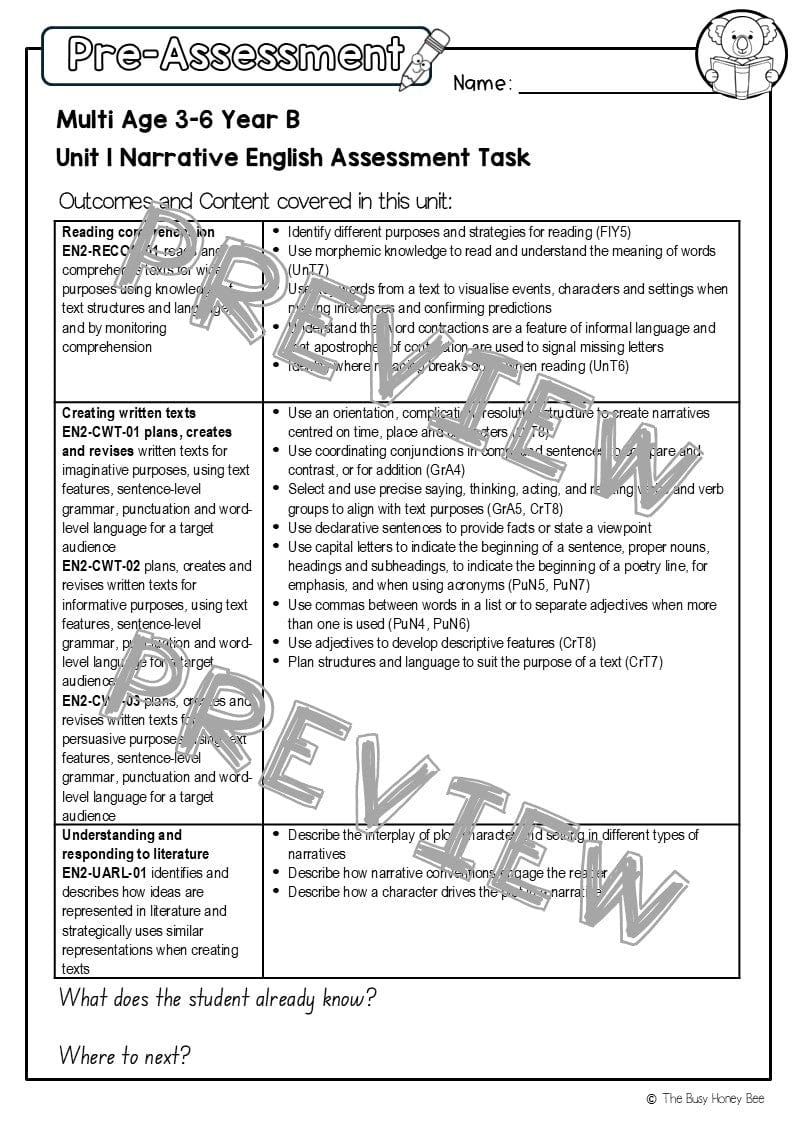 Multi Age 3-6 Year B English Pre- and Post-Assessment Unit 1 Narrative - Assessment