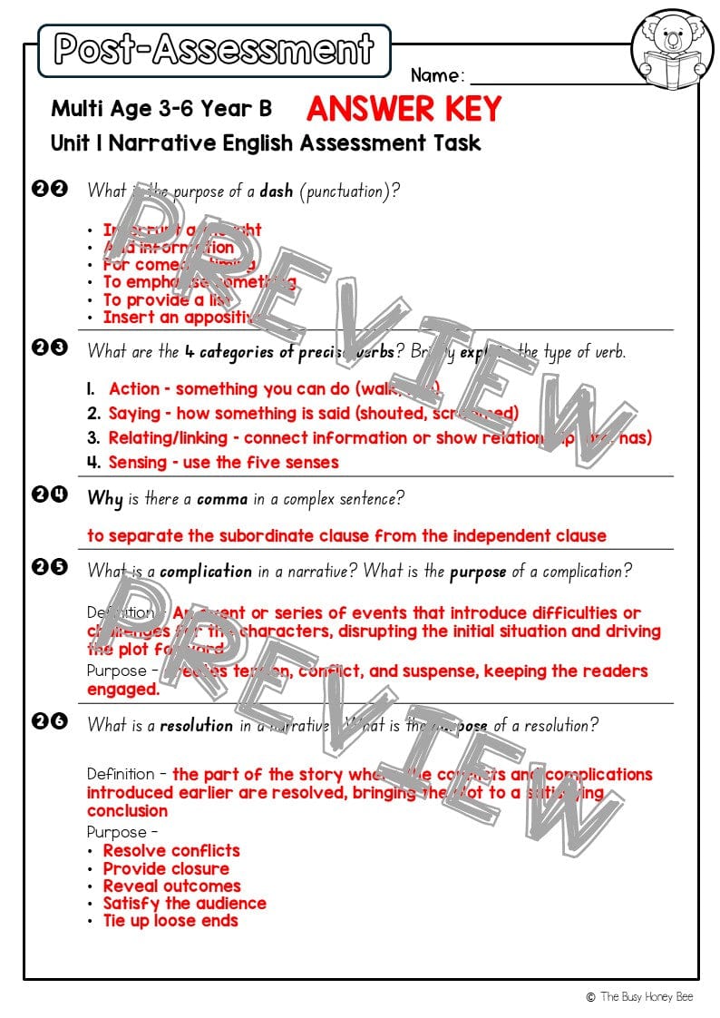 Multi Age 3-6 Year B English Pre- and Post-Assessment Unit 1 Narrative - Assessment