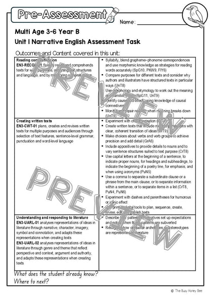 Multi Age 3-6 Year B English Pre- and Post-Assessment Unit 1 Narrative - Assessment