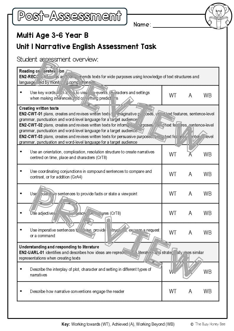 Multi Age 3-6 Year B English Pre- and Post-Assessment Unit 1 Narrative - Assessment
