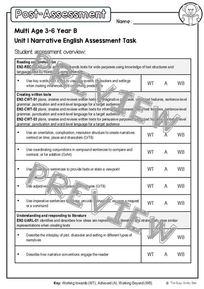 Multi Age 3-6 Year B English Pre- and Post-Assessment Unit 1 Narrative - Assessment
