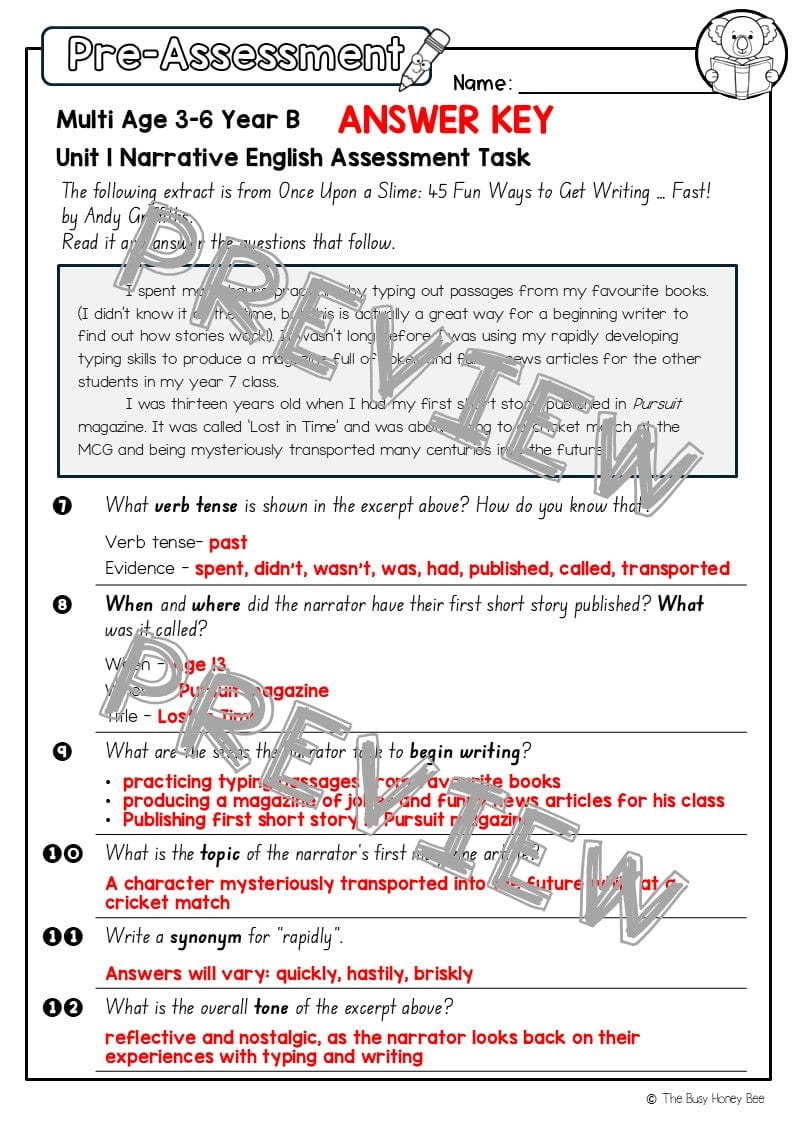 Multi Age 3-6 Year B English Pre- and Post-Assessment Unit 1 Narrative - Assessment