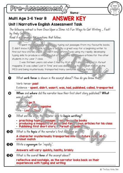 Multi Age 3-6 Year B English Pre- and Post-Assessment Unit 1 Narrative - Assessment