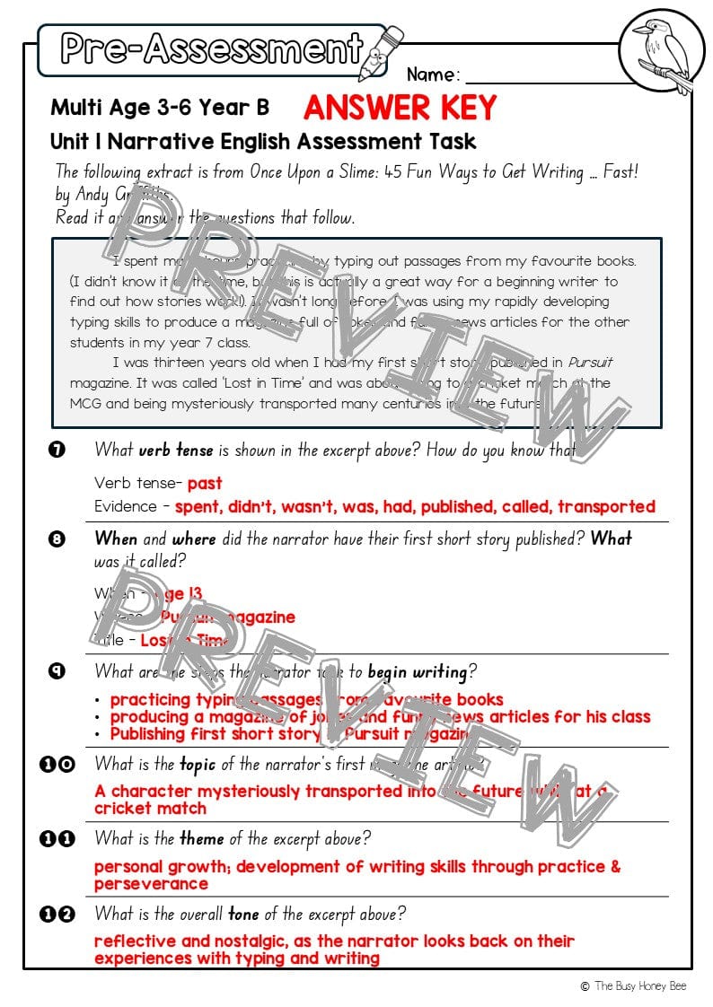 Multi Age 3-6 Year B English Pre- and Post-Assessment Unit 1 Narrative - Assessment