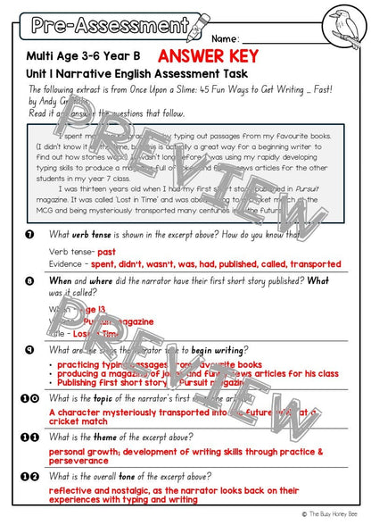 Multi Age 3-6 Year B English Pre- and Post-Assessment Unit 1 Narrative - Assessment