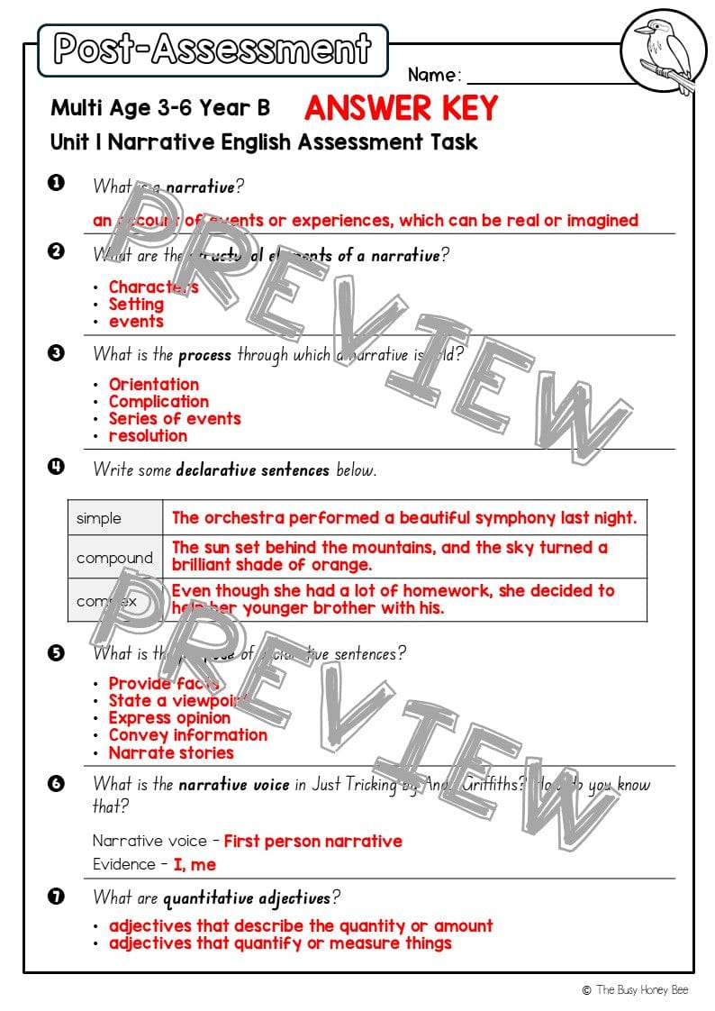 Multi Age 3-6 Year B English Pre- and Post-Assessment Unit 1 Narrative - Assessment