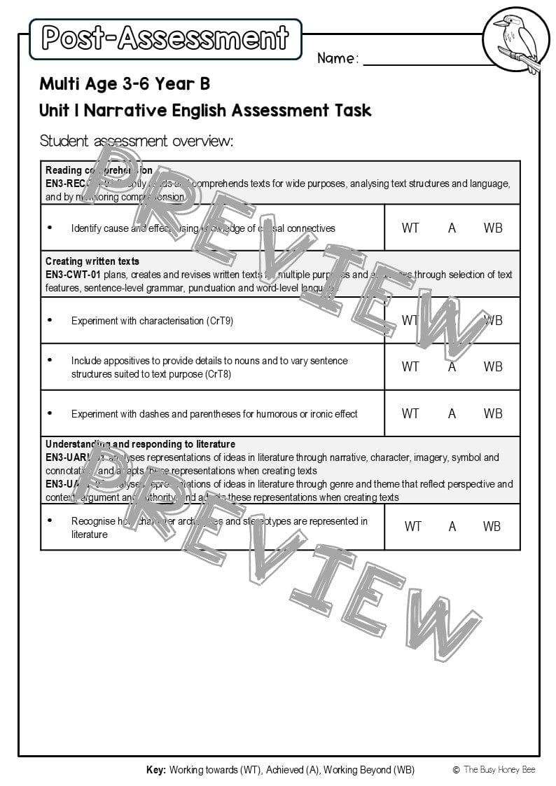 Multi Age 3-6 Year B English Pre- and Post-Assessment Unit 1 Narrative - Assessment