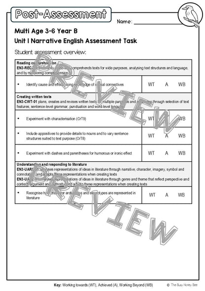Multi Age 3-6 Year B English Pre- and Post-Assessment Unit 1 Narrative - Assessment