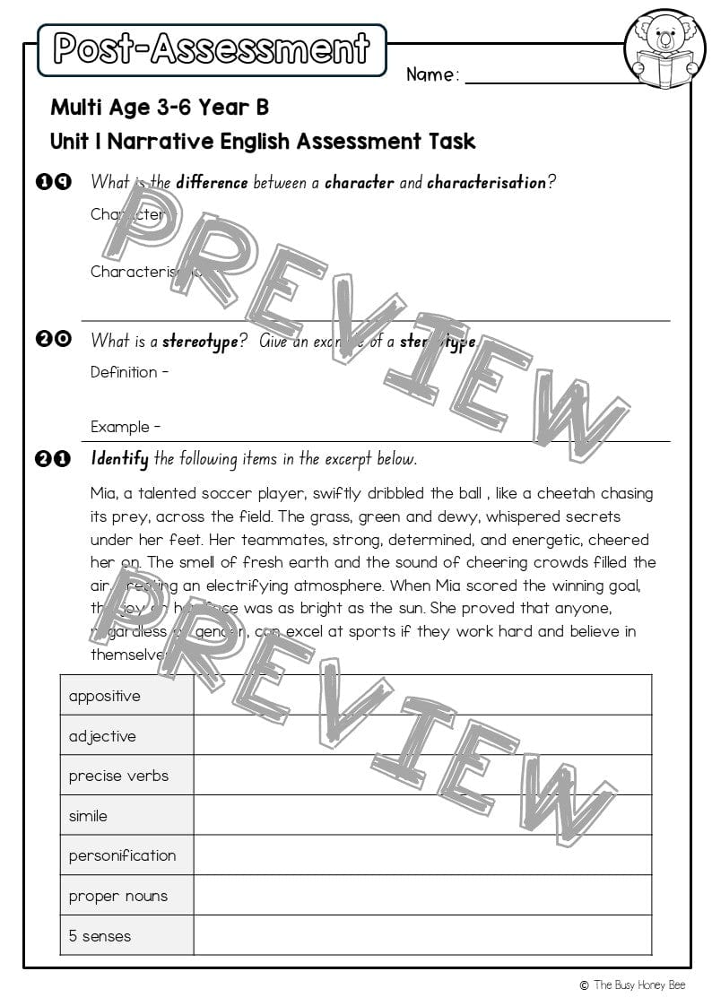 Multi Age 3-6 Year B English Pre- and Post-Assessment Unit 1 Narrative - Assessment