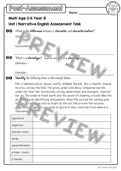 Multi Age 3-6 Year B English Pre- and Post-Assessment Unit 1 Narrative - Assessment