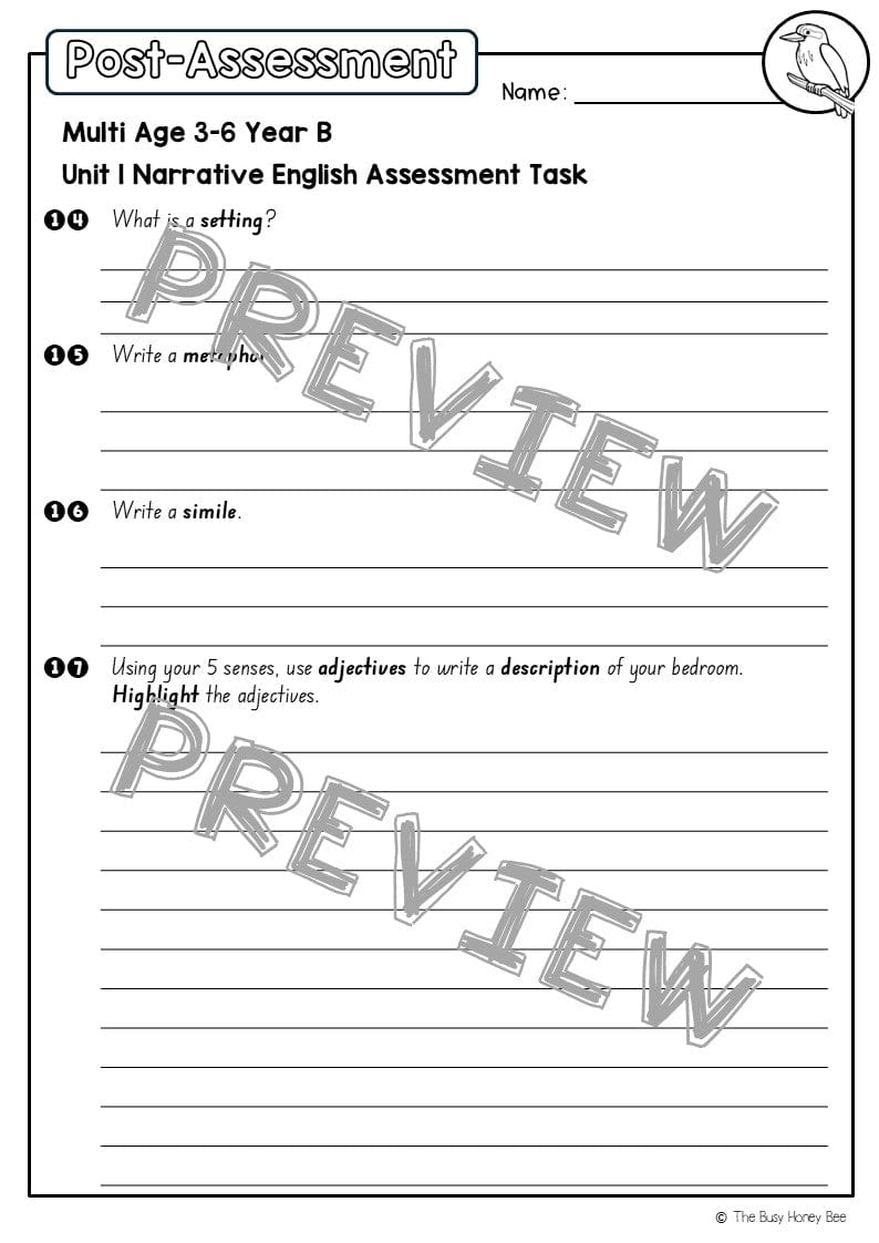 Multi Age 3-6 Year B English Pre- and Post-Assessment Unit 1 Narrative - Assessment