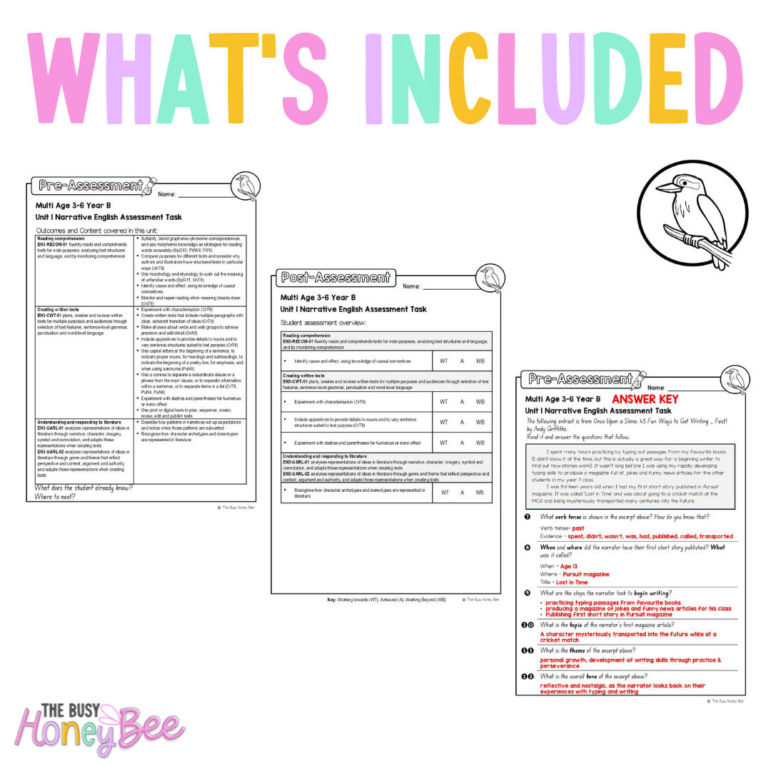 Multi Age 3-6 Year B English Pre- and Post-Assessment Unit 1 Narrative - Assessment