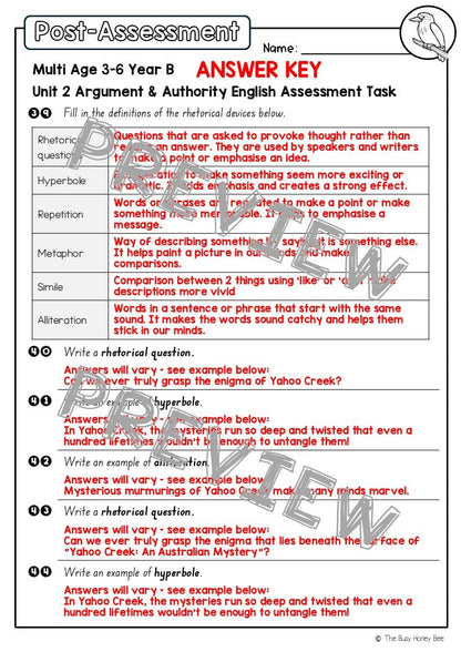 Multi Age 3-6 Year B English Pre- and Post-Assessment Unit 2 Argument and Authority - Assessment