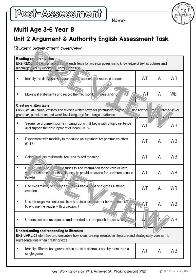 Multi Age 3-6 Year B English Pre- and Post-Assessment Unit 2 Argument and Authority - Assessment