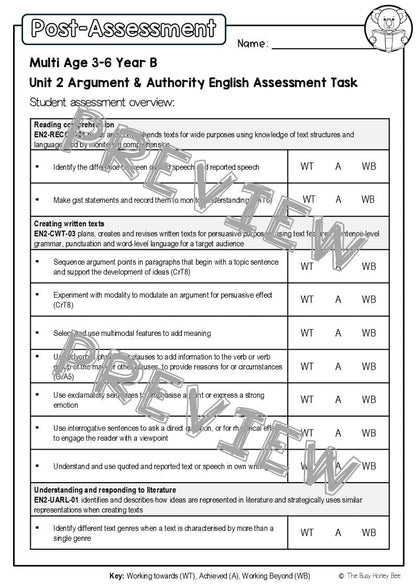 Multi Age 3-6 Year B English Pre- and Post-Assessment Unit 2 Argument and Authority - Assessment