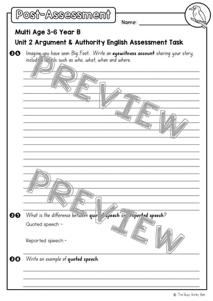 Multi Age 3-6 Year B English Pre- and Post-Assessment Unit 2 Argument and Authority - Assessment