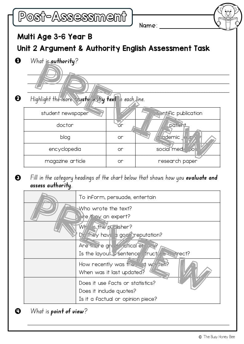 Multi Age 3-6 Year B English Pre- and Post-Assessment Unit 2 Argument and Authority - Assessment