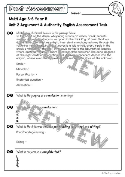 Multi Age 3-6 Year B English Pre- and Post-Assessment Unit 2 Argument and Authority - Assessment