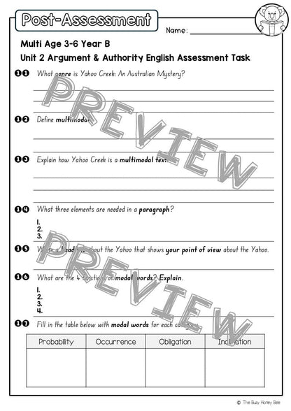 Multi Age 3-6 Year B English Pre- and Post-Assessment Unit 2 Argument and Authority - Assessment
