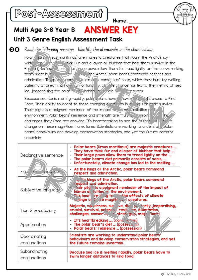Multi Age 3-6 Year B English Pre- and Post-Assessment Unit 3 Genre - Assessment