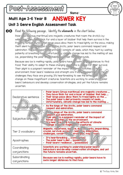 Multi Age 3-6 Year B English Pre- and Post-Assessment Unit 3 Genre - Assessment