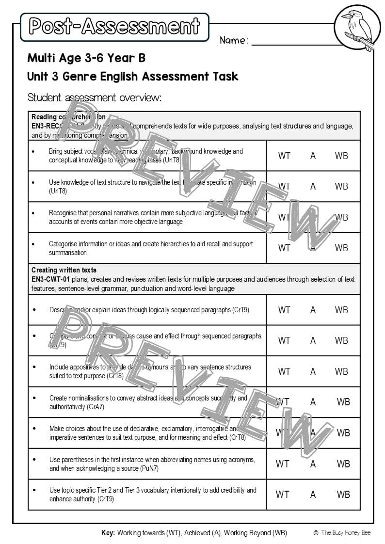 Multi Age 3-6 Year B English Pre- and Post-Assessment Unit 3 Genre - Assessment