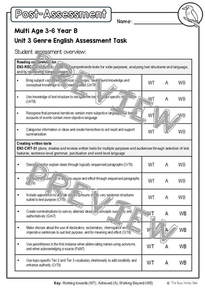 Multi Age 3-6 Year B English Pre- and Post-Assessment Unit 3 Genre - Assessment
