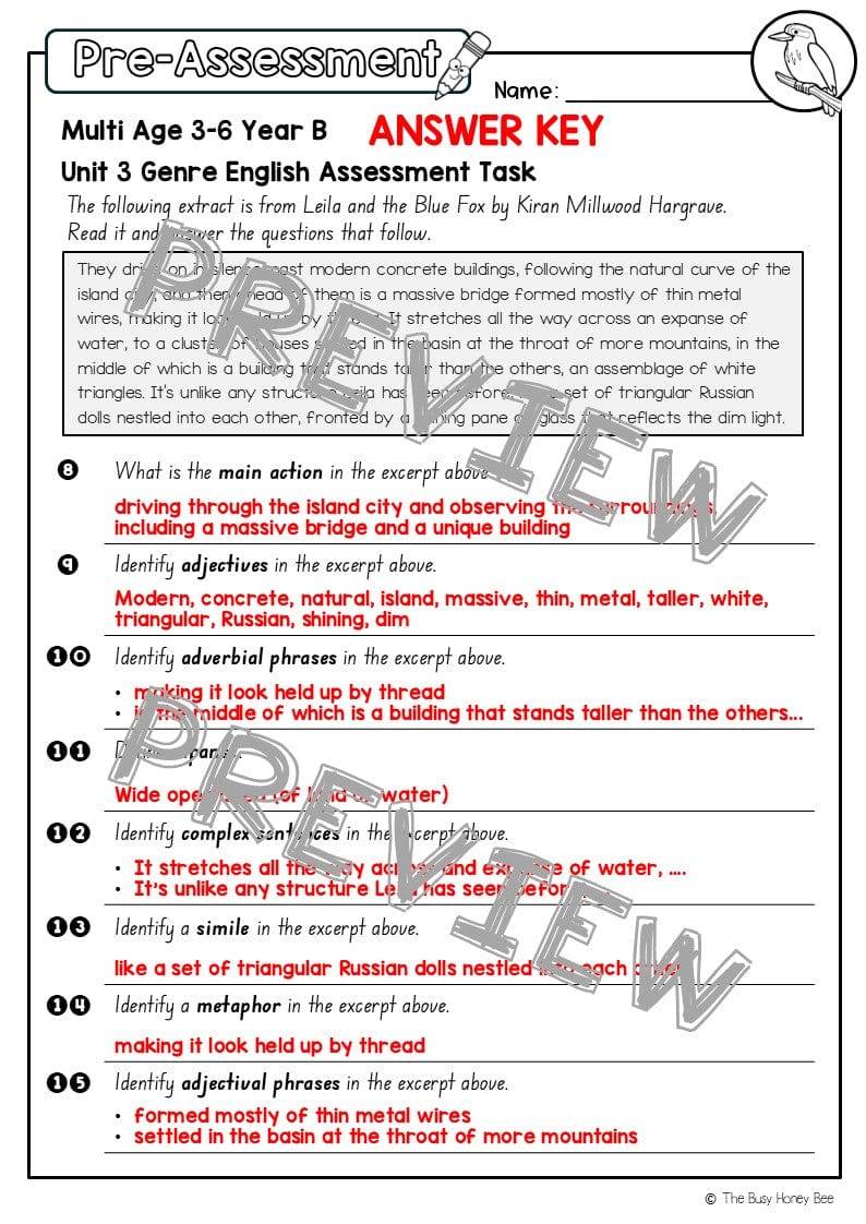 Multi Age 3-6 Year B English Pre- and Post-Assessment Unit 3 Genre - Assessment