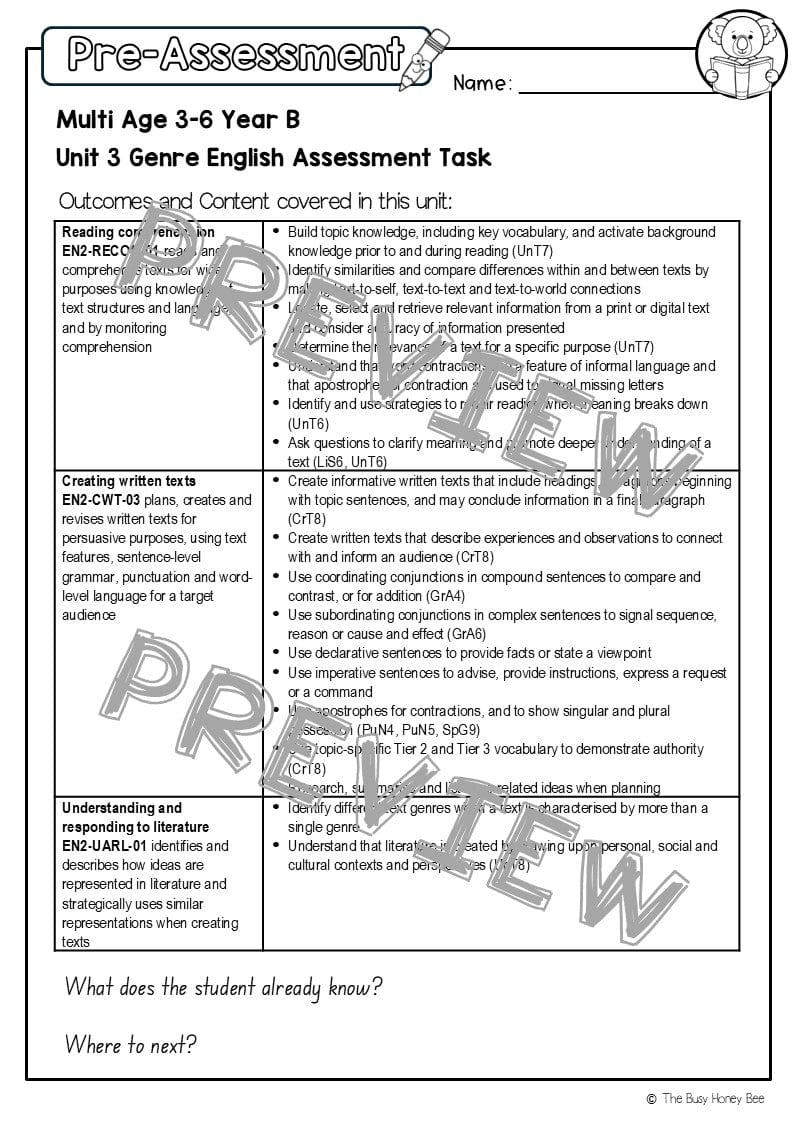 Multi Age 3-6 Year B English Pre- and Post-Assessment Unit 3 Genre - Assessment