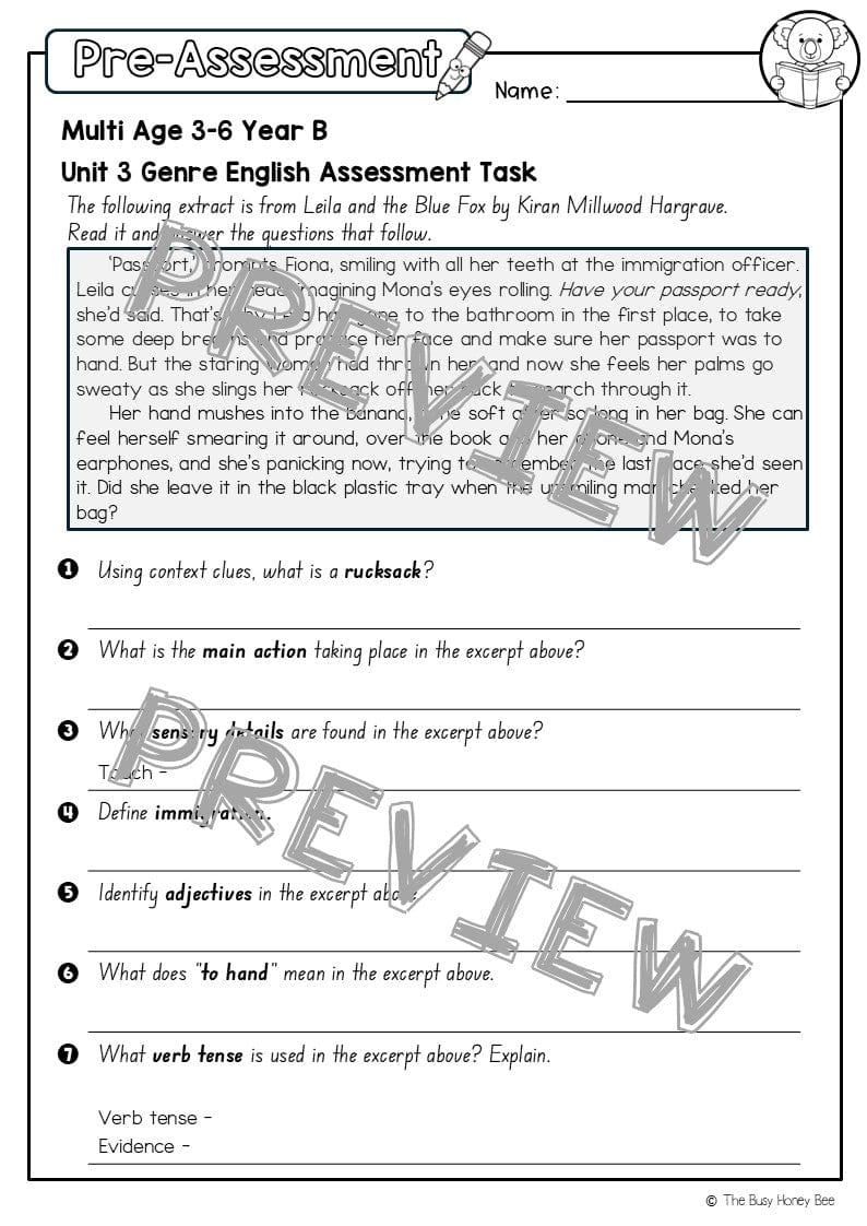 Multi Age 3-6 Year B English Pre- and Post-Assessment Unit 3 Genre - Assessment