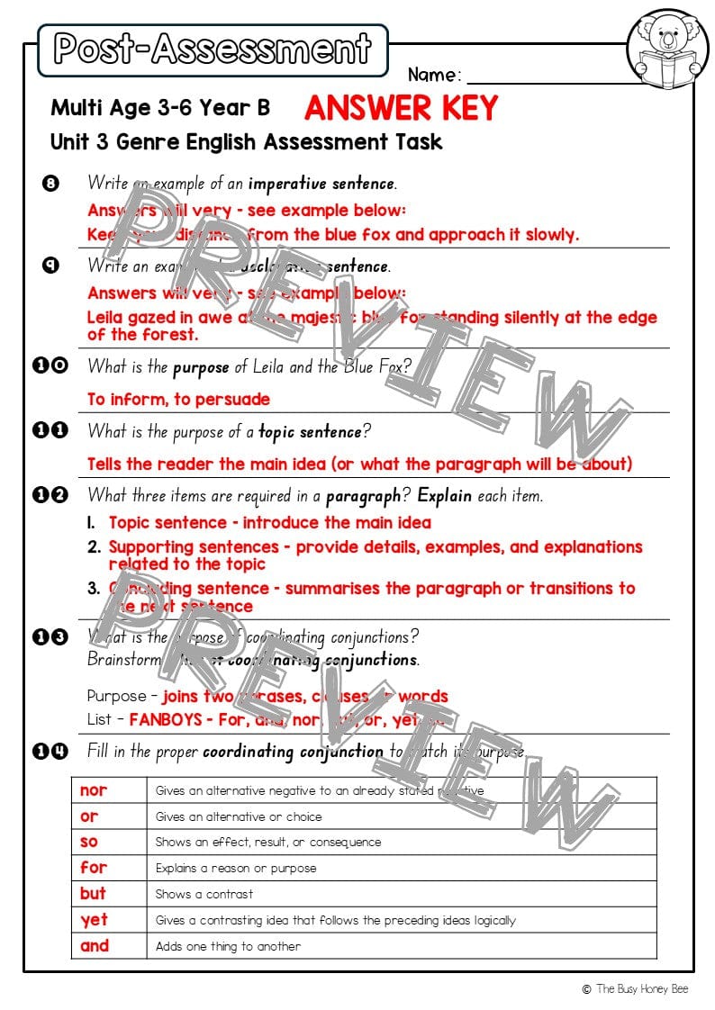 Multi Age 3-6 Year B English Pre- and Post-Assessment Unit 3 Genre - Assessment