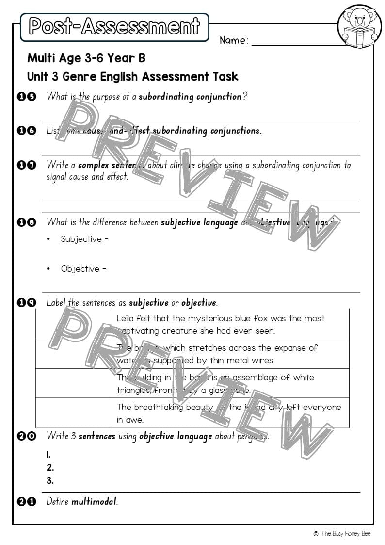 Multi Age 3-6 Year B English Pre- and Post-Assessment Unit 3 Genre - Assessment