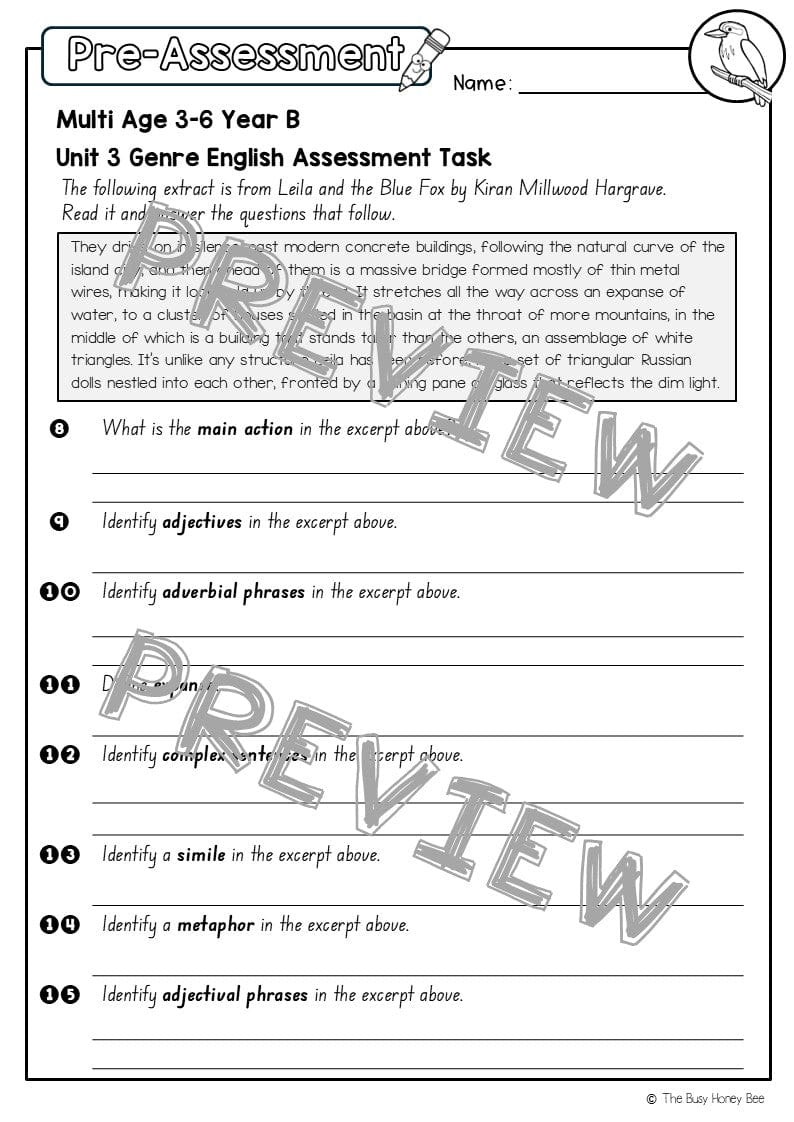 Multi Age 3-6 Year B English Pre- and Post-Assessment Unit 3 Genre - Assessment