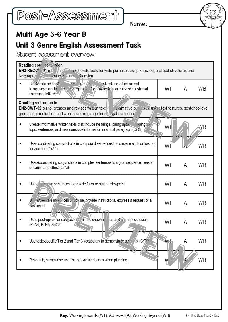 Multi Age 3-6 Year B English Pre- and Post-Assessment Unit 3 Genre - Assessment