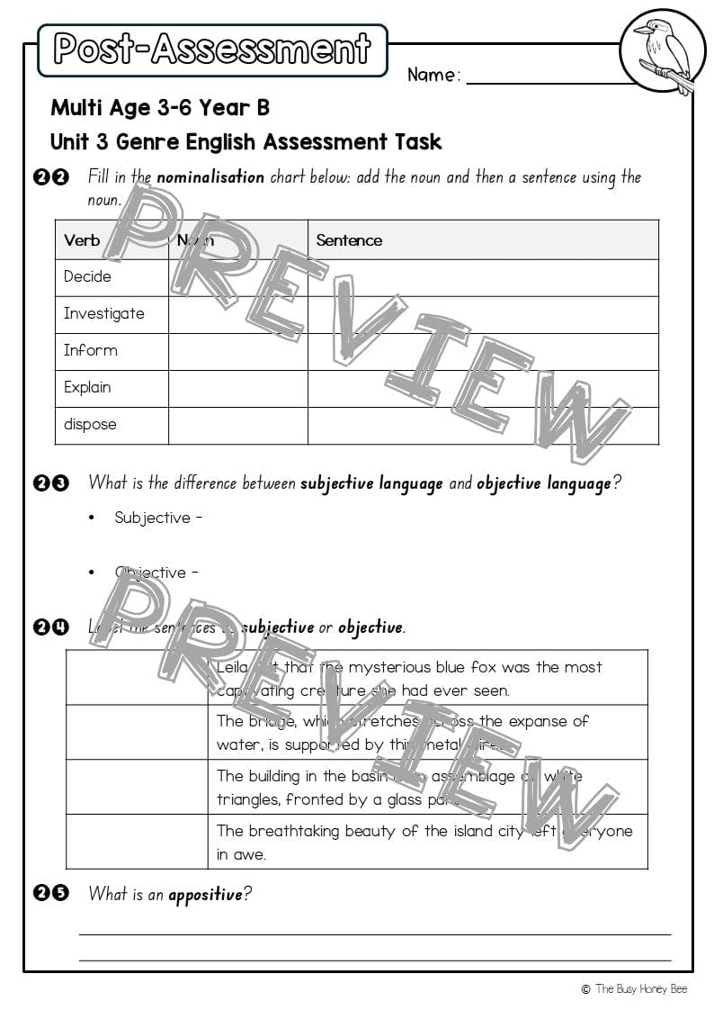 Multi Age 3-6 Year B English Pre- and Post-Assessment Unit 3 Genre - Assessment
