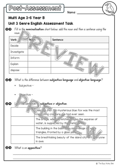 Multi Age 3-6 Year B English Pre- and Post-Assessment Unit 3 Genre - Assessment