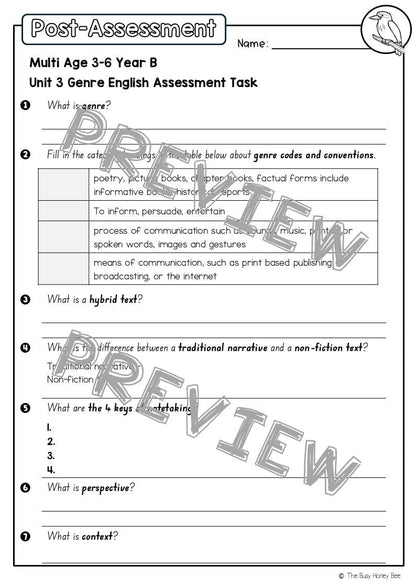 Multi Age 3-6 Year B English Pre- and Post-Assessment Unit 3 Genre - Assessment