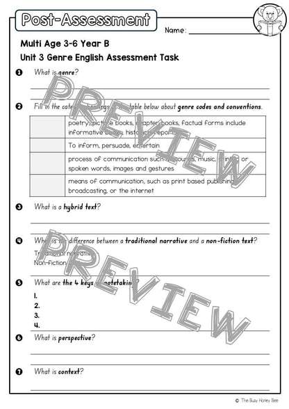 Multi Age 3-6 Year B English Pre- and Post-Assessment Unit 3 Genre - Assessment