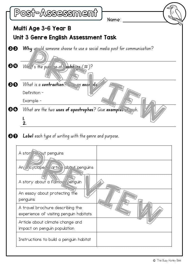 Multi Age 3-6 Year B English Pre- and Post-Assessment Unit 3 Genre - Assessment