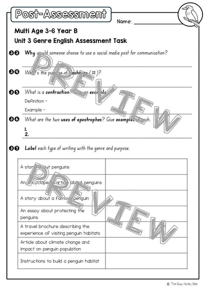 Multi Age 3-6 Year B English Pre- and Post-Assessment Unit 3 Genre - Assessment