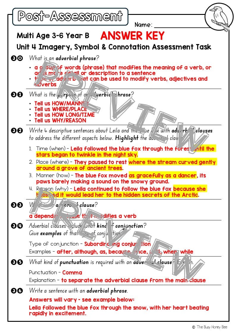 Multi Age 3-6 Year B English Pre- and Post-Assessment Unit 4 Imagery, symbol and connotation - Assessment