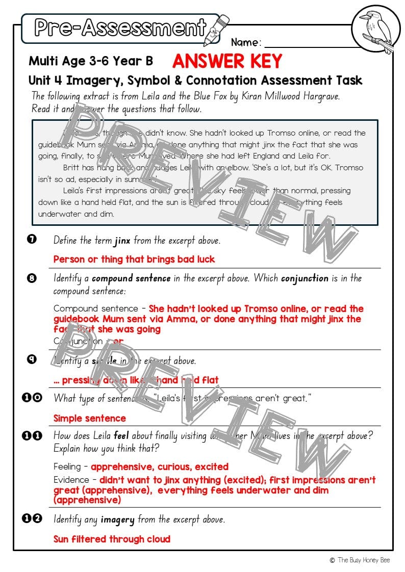 Multi Age 3-6 Year B English Pre- and Post-Assessment Unit 4 Imagery, symbol and connotation - Assessment