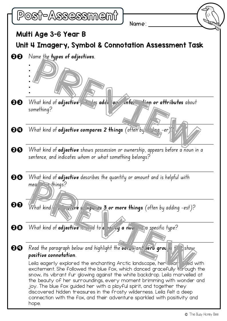 Multi Age 3-6 Year B English Pre- and Post-Assessment Unit 4 Imagery, symbol and connotation - Assessment