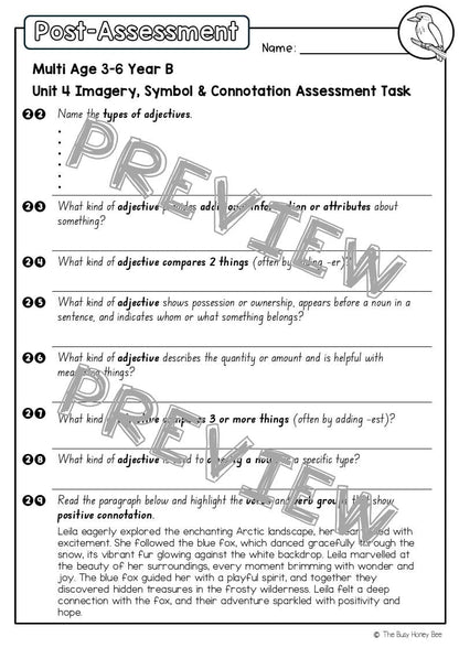 Multi Age 3-6 Year B English Pre- and Post-Assessment Unit 4 Imagery, symbol and connotation - Assessment
