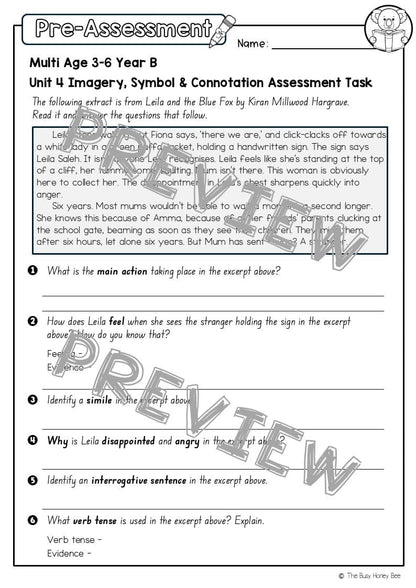 Multi Age 3-6 Year B English Pre- and Post-Assessment Unit 4 Imagery, symbol and connotation - Assessment