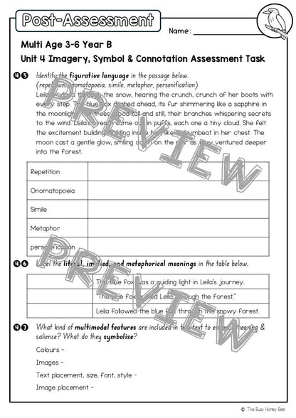 Multi Age 3-6 Year B English Pre- and Post-Assessment Unit 4 Imagery, symbol and connotation - Assessment