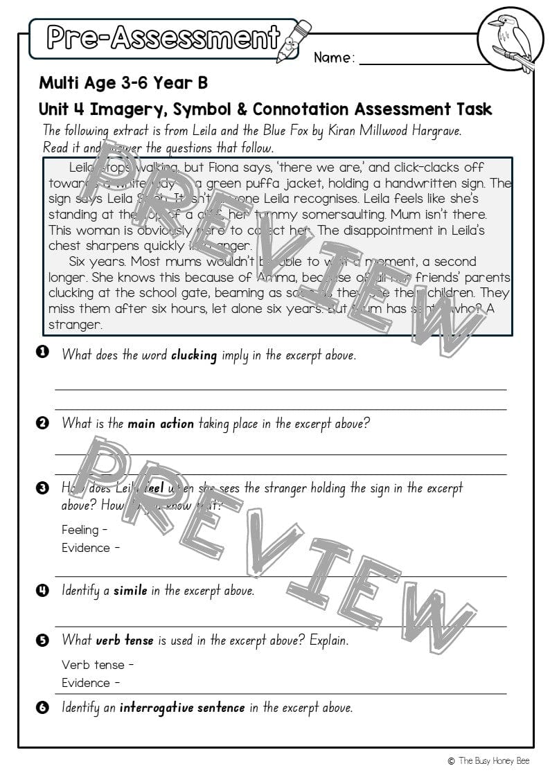 Multi Age 3-6 Year B English Pre- and Post-Assessment Unit 4 Imagery, symbol and connotation - Assessment