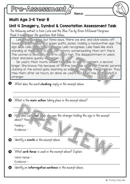 Multi Age 3-6 Year B English Pre- and Post-Assessment Unit 4 Imagery, symbol and connotation - Assessment